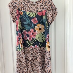 Floral Tropical & Leopard Print Mixed Dress - Pink Black Green